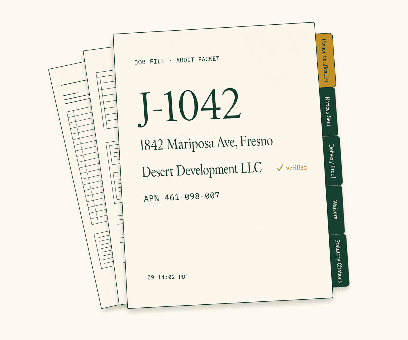 The Vellumo audit packet — front cover, three fanned pages behind it, and a vertical tab strip showing Owner Verification, Notices Sent, Delivery Proof, Waivers, and Statutory Citations.